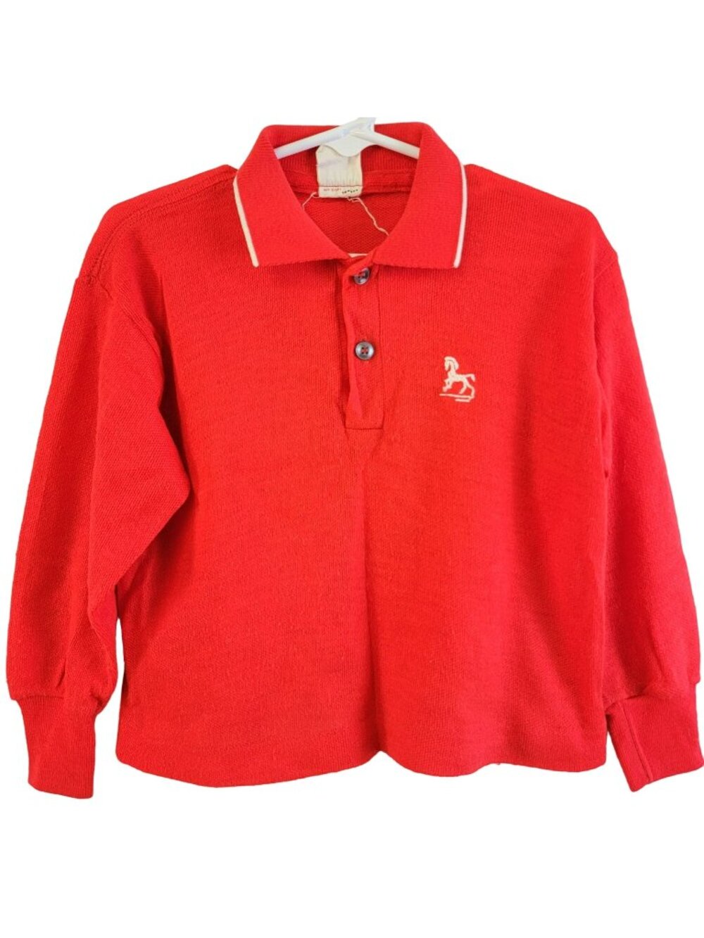 Vintage 60s Embroidered Horse Polo Shirt Boy 4 Red Long Sleeve Kid Child Winter